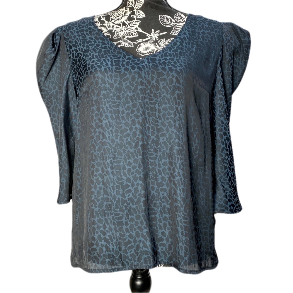 A New Day Pleated Puff 3/4 Sleeve Blue Leopard Print Blouse